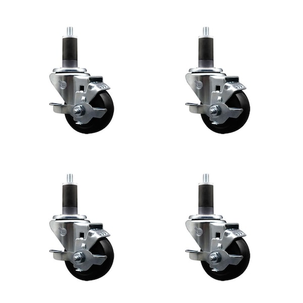 3'' Hard Rubber Swivel 1-1/4'' Expanding Stem Caster Set with Brake, 4PK